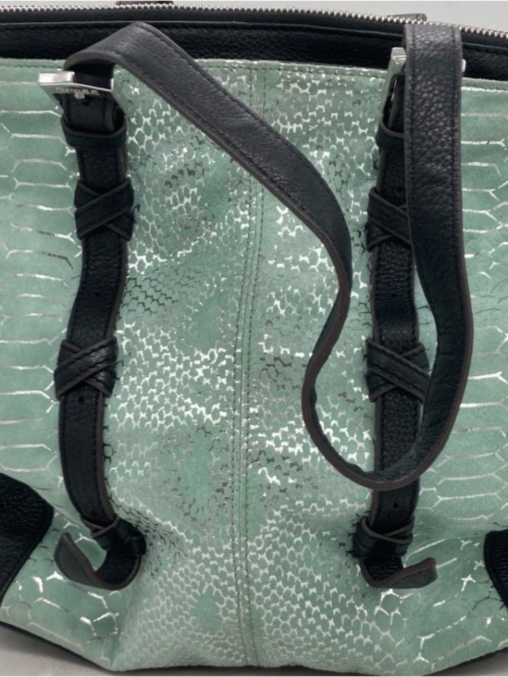 Aimee Kestenberg Tote with green snakeskin accent and silver hardware